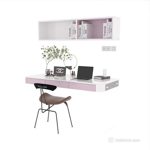 Modern White Pink Desk Interior With Laptop Lamp Potted Plant Shelf And Brown Chair 3d model 