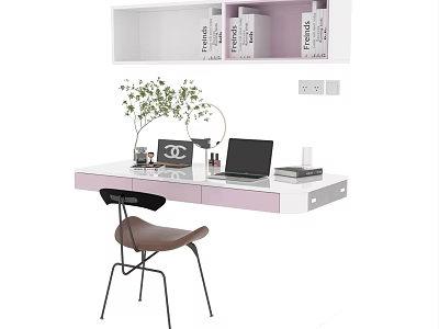Modern White Pink Desk Interior With Laptop Lamp Potted Plant Shelf And Brown Chair 3d model