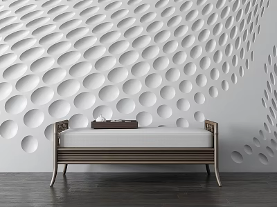 Modern Footstool Bench With Wooden Frame White Cushion And Circular Patterned Wall 3d model
