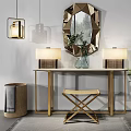 Modern Dressing Table With Octagonal Mirror Table Lamps Vase Green Plant And Stool 3d model