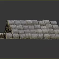 Stacked Cylindrical Hay Bales Arranged On Gray Background With Black Surface Reflection