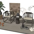 Chinese Style Leisure Chairs With Small Coffee Table Antique Painting And Green Plant