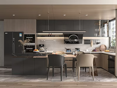 Modern Open Kitchen Interior With Dark Cabinets Marble Island Appliances And Dining Chairs 3d model