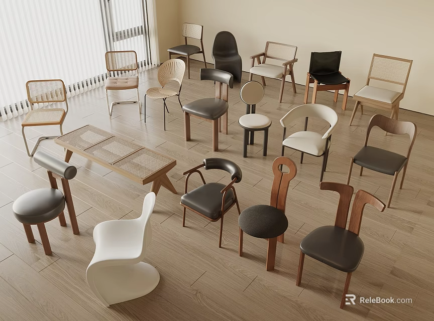 Modern Single Chairs Collection With Various Designs And Materials In Interior Space 3d model
