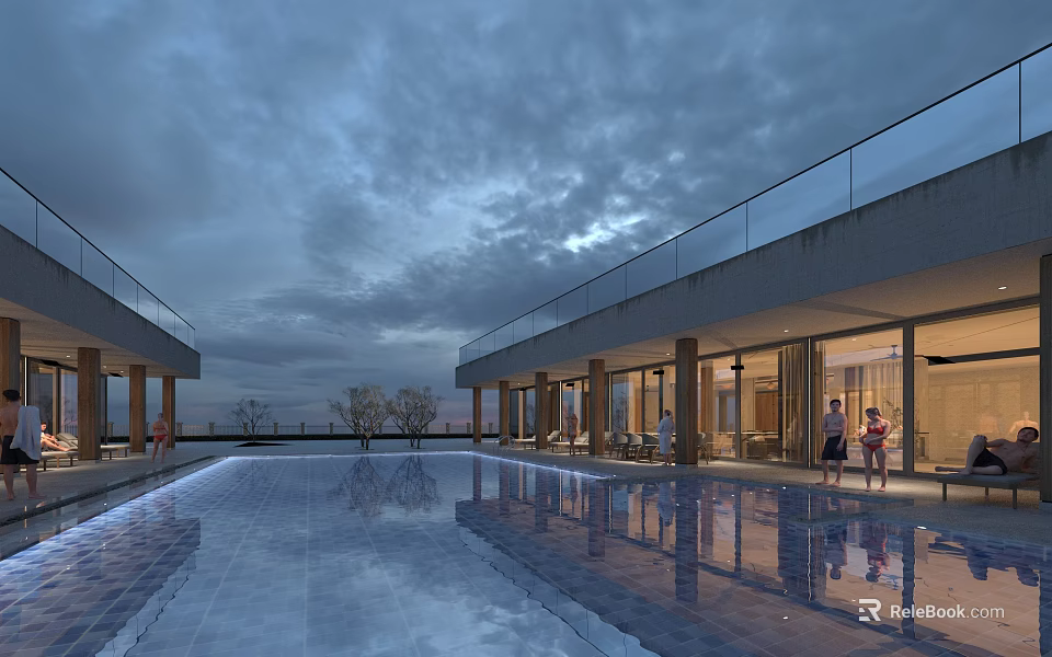 Modern Swimming Pool with Glass Railings People Poolside Dusk Sky and Water Reflections 3d model 