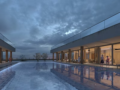 Modern Swimming Pool with Glass Railings People Poolside Dusk Sky and Water Reflections 3d model