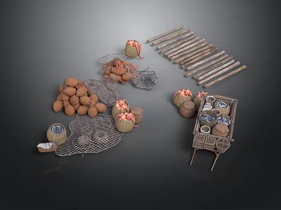 Rustic Market Scene Components With Potatoes Net Bags Wooden Sticks And Cart 3d model