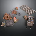 Rustic Market Scene Components With Potatoes Net Bags Wooden Sticks And Cart