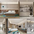 Hotel Guest Room with Large Bed Open Kitchen Marble Countertop Living Area and Modern Design