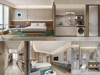 Hotel Guest Room with Large Bed Open Kitchen Marble Countertop Living Area and Modern Design 3d model