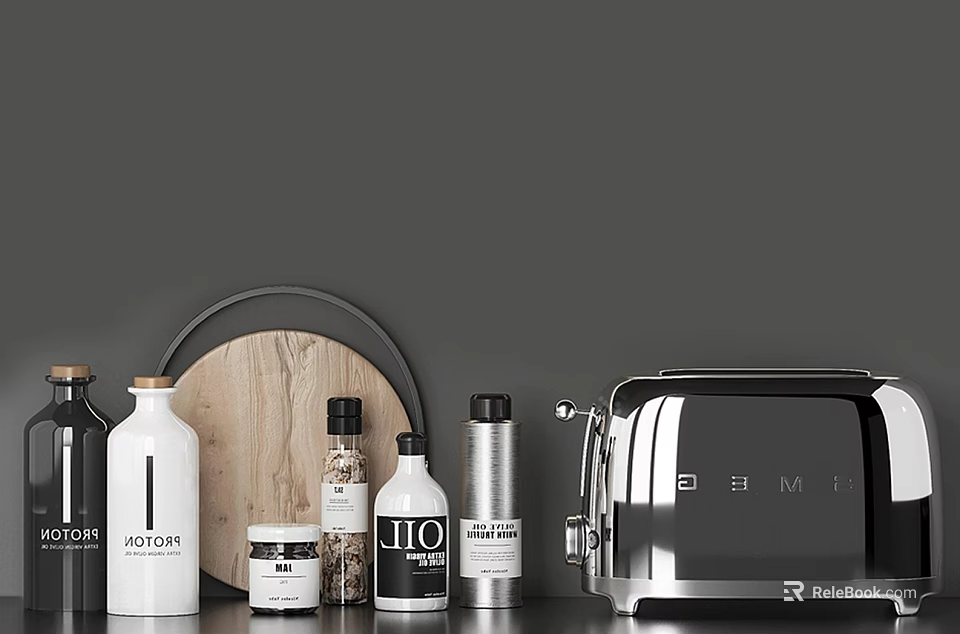 Modern Kitchen Utensils Featuring Wooden Cutting Board Spice Bottles And Silver Toaster 3d model 