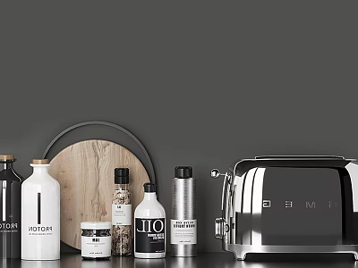 Modern Kitchen Utensils Featuring Wooden Cutting Board Spice Bottles And Silver Toaster 3d model