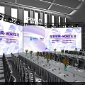 Modern Conference Event Venue With Stage Backdrop Screens Long Tables Chairs And Lighting