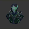 Sci Fi Game Movie Character Bust With Futuristic Black Green Armor And Glowing Blue Accents