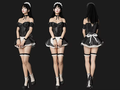 Game Movie Character in Black White Maid Outfit with Stockings High Heels Three Angles View 3d model
