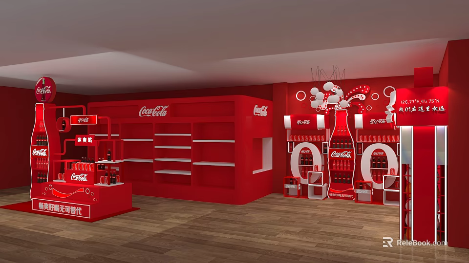 Coca-Cola Mall Kiosk Red Themed Interior With Display Shelves And Branded Decor 3d model 