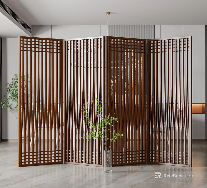 Wooden Folding Screen With Vertical Slat Design And Plant In Modern Indoor Setting 3d model 