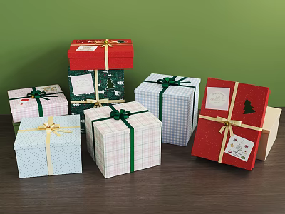 Festive Decorative Ornament Set with Colorful Gift Boxes Ribbons and Christmas Tree Patterns 3d model