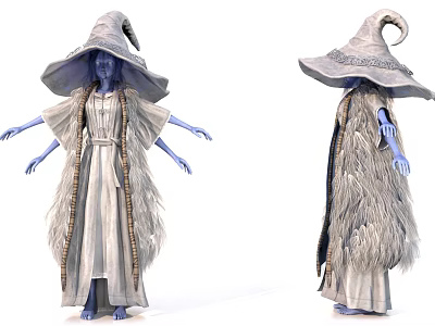 Blue Skinned Fantasy Wizard Character With Large Hat And Feathered Robe For Game Movies 3d model