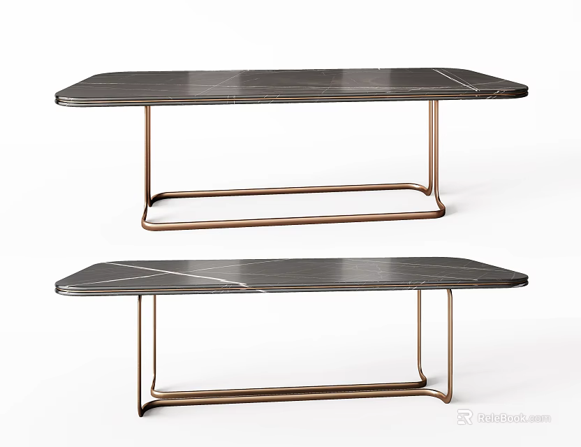 Two Modern Dining Tables with Black Marble Tabletop and Brass Metal Frame 3d model