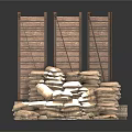 Sandbags Stacked With Wooden Boards On Brick Ground Structure Setup