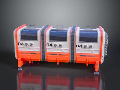 Three Parallel Orange White Industrial Equipment Units With Blue Panels And Support Legs Numbered 04 3d model
