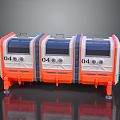 Three Parallel Orange White Industrial Equipment Units With Blue Panels And Support Legs Numbered 04