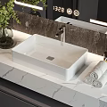 White Rectangular Washbasin In Modern Bathroom With Marble Countertop Rolled Towels Green Plant And Mirror