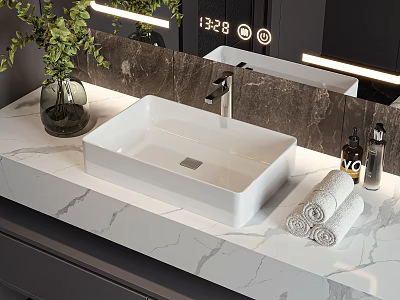 White Rectangular Washbasin In Modern Bathroom With Marble Countertop Rolled Towels Green Plant And Mirror 3d model