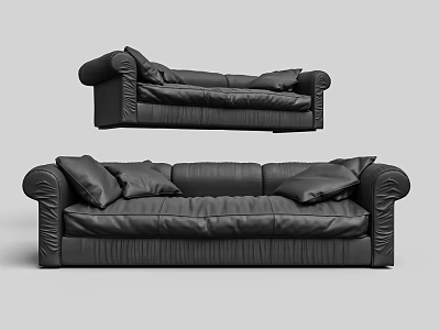 Black Leather Three Seater Sofa With Plush Pillows And Curved Armrests 3d model