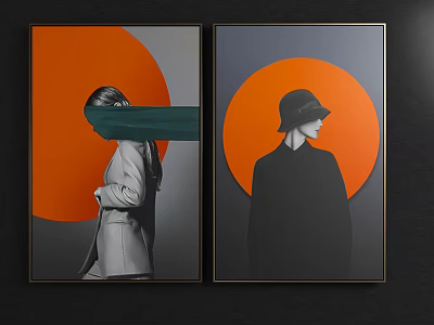 Portrait Paintings With Orange Backgrounds Light Coat Green Cloth Covering Face Dark Clothing Hat Figure 3d model