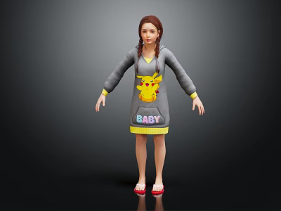 Woman in gray hoodie with yellow Pikachu BABY text and red slippers against black background 3d model