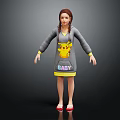 Woman in gray hoodie with yellow Pikachu BABY text and red slippers against black background