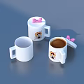 Fresh Coffee in White Mugs with Cute Cartoon Characters and Pink Bow Lids