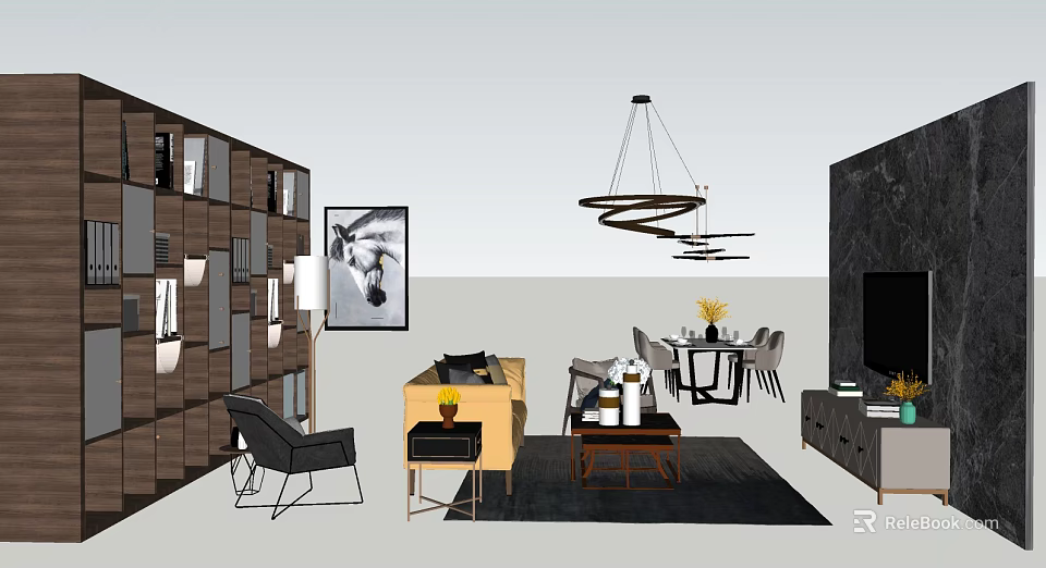 Modern Living Room Sofa Coffee Table Set With Chandelier Rug And Wall Art 3d model 