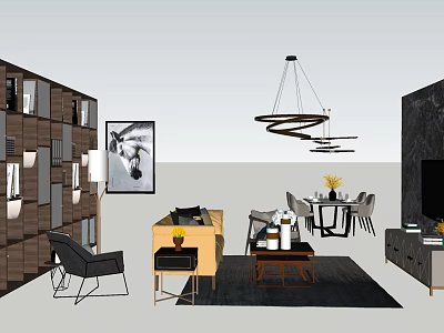 Modern Living Room Sofa Coffee Table Set With Chandelier Rug And Wall Art 3d model