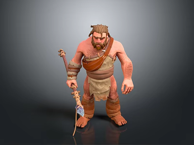 Primitive Caveman Character With Muscular Body And Wooden Club Weapon 3d model