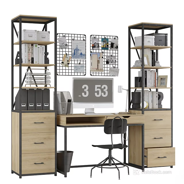 Modern Office Desk With Shelves Files Lamp And Decorative Wall Art 3d model 