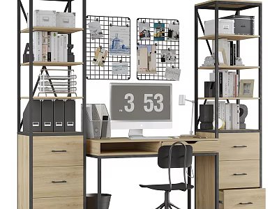 Modern Office Desk With Shelves Files Lamp And Decorative Wall Art 3d model