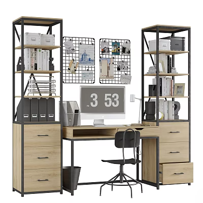 Modern Office Desk With Shelves Files Lamp And Decorative Wall Art 3d model