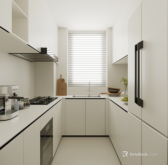 Modern White Kitchen Interior With Cabinets Countertops Stove Sink And Refrigerator 3d model 