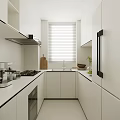 Modern White Kitchen Interior With Cabinets Countertops Stove Sink And Refrigerator