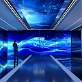 Modern Indoor Space Featuring Blue Light Streaks Grid Glass Wall And Reflective Floor