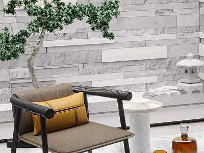 Stylish Leisure Chair With Yellow Cushion Green Plant And White Table Against Gray Stone Wall 3d model