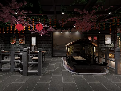Traditional Chinese Style Restaurant Interior With Unique Boat Shaped Dining Booth And Charming Festive Decorations 3d model
