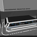 Tech Exhibition Hall Featuring Holographic Projection Device And Interactive Display Console 3d model