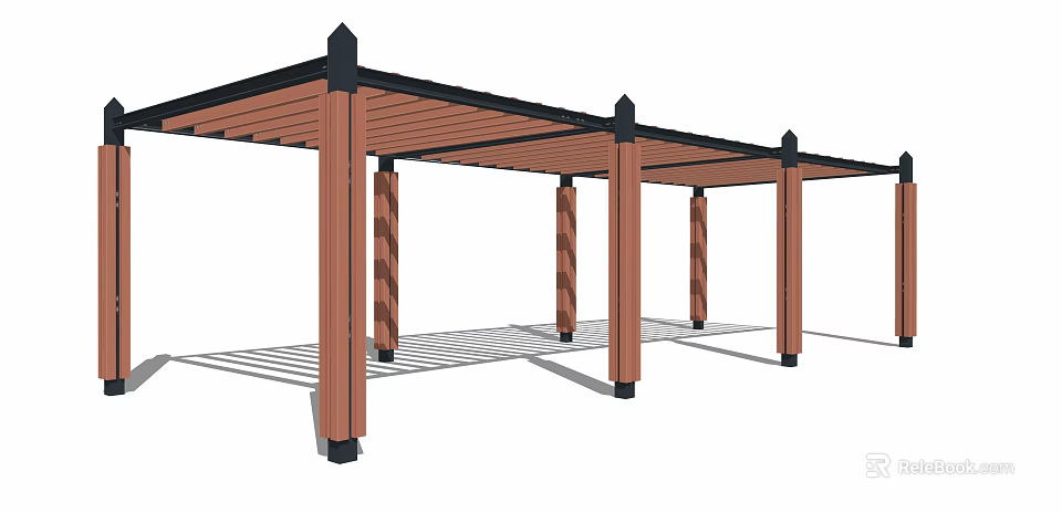 Wooden Pergola Structure with Striped Columns and Open Air Roof Beam Design 3d model 