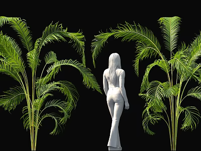 Tall Green Bamboo Plants With Female Silhouette Standing Among Lush Leaves 3d model
