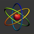 3D Atomic Structure Model With Central Red Sphere And Colorful Hoops Blue Green Yellow Orange