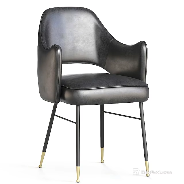 Modern Black Leather Accent Chair Featuring Armrest And Metal Legs With Gold Details 3d model 